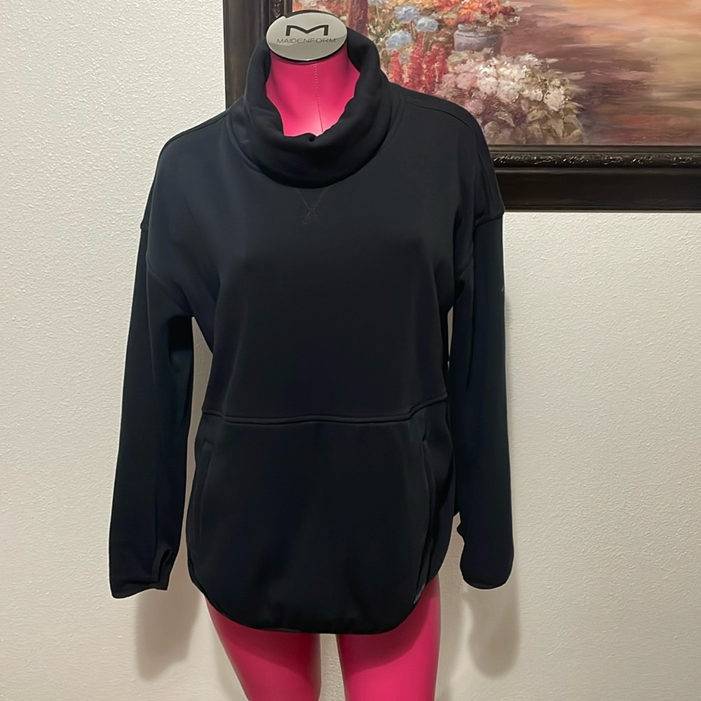 Eddie Bauer Turtleneck Mock Sweatshirt Fleece Lined Pouch Pocket Tulip Hem Black